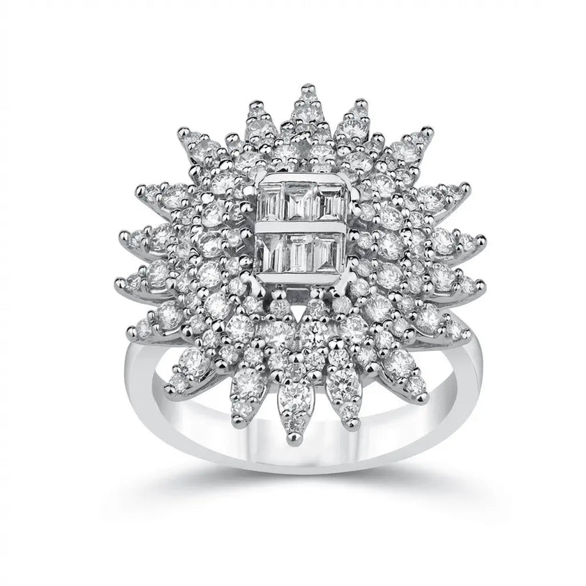14ct/14K White Gold Natural Diamond Ring – Radiant Sunburst Diamond Statement 1.3ct