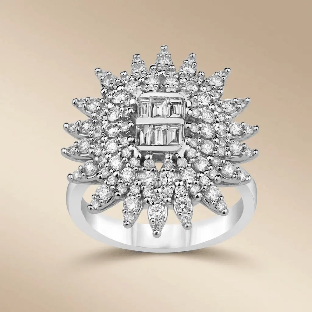 14ct/14K White Gold Natural Diamond Ring – Radiant Sunburst Diamond Statement 1.3ct