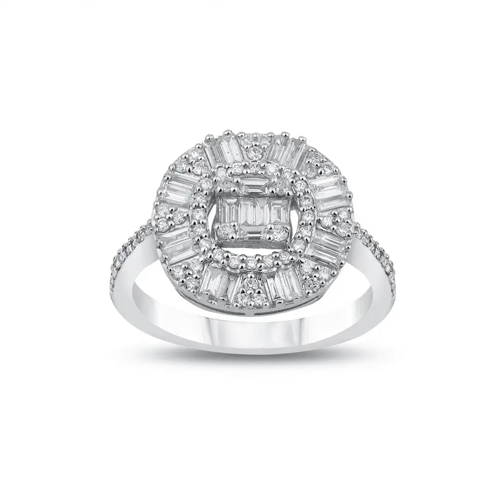 14ct/14K White Gold Natural Diamond Ring – Baguette Halo Diamond Cluster 0.83ct