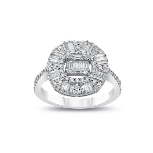 14ct/14K White Gold Natural Diamond Ring – Baguette Halo Diamond Cluster 0.83ct