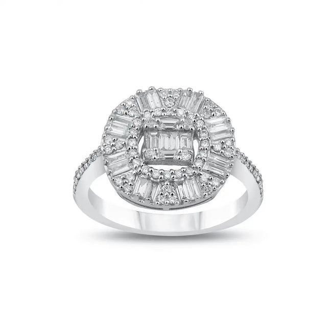 14ct/14K White Gold Natural Diamond Ring – Baguette Halo Diamond Cluster 0.83ct