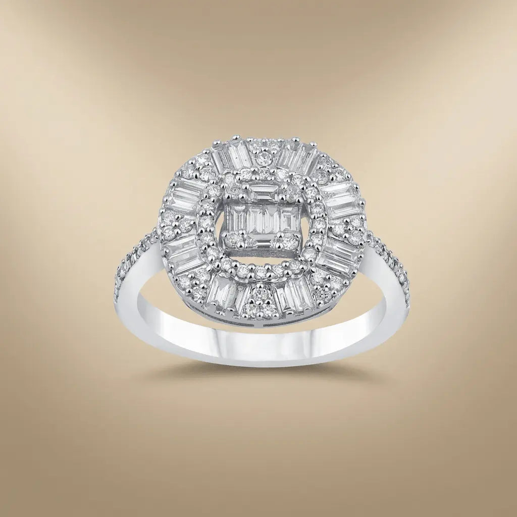 14ct/14K White Gold Natural Diamond Ring – Baguette Halo Diamond Cluster 0.83ct