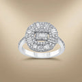 14ct/14K White Gold Natural Diamond Ring – Baguette Halo Diamond Cluster 0.83ct