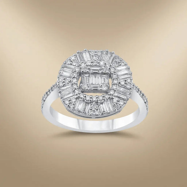 14ct/14K White Gold Natural Diamond Ring – Baguette Halo Diamond Cluster 0.83ct