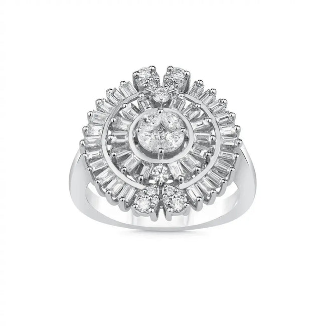 14ct/14K White Gold Natural Diamond Ring – Floral Baguette Halo Diamond 1.2ct