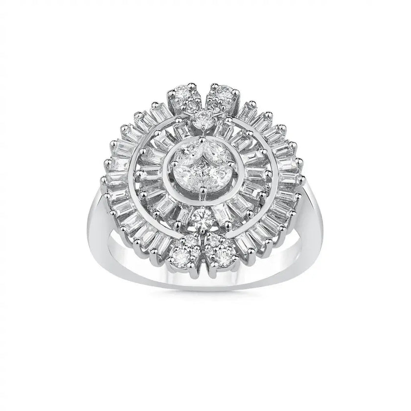 14ct/14K White Gold Natural Diamond Ring – Floral Baguette Halo Diamond 1.2ct