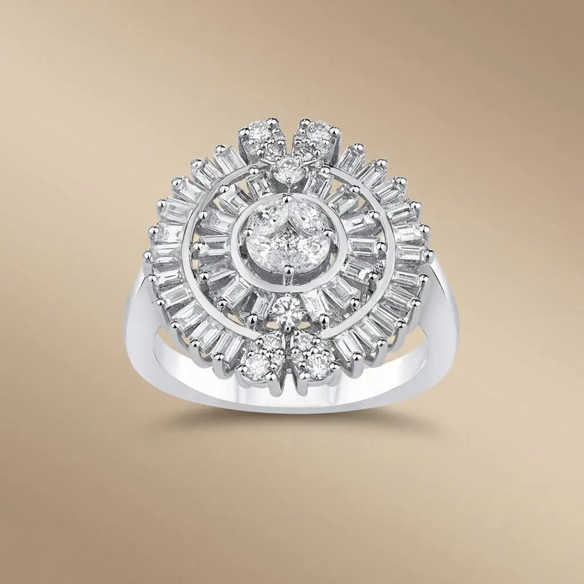 14ct/14K White Gold Natural Diamond Ring – Floral Baguette Halo Diamond 1.2ct