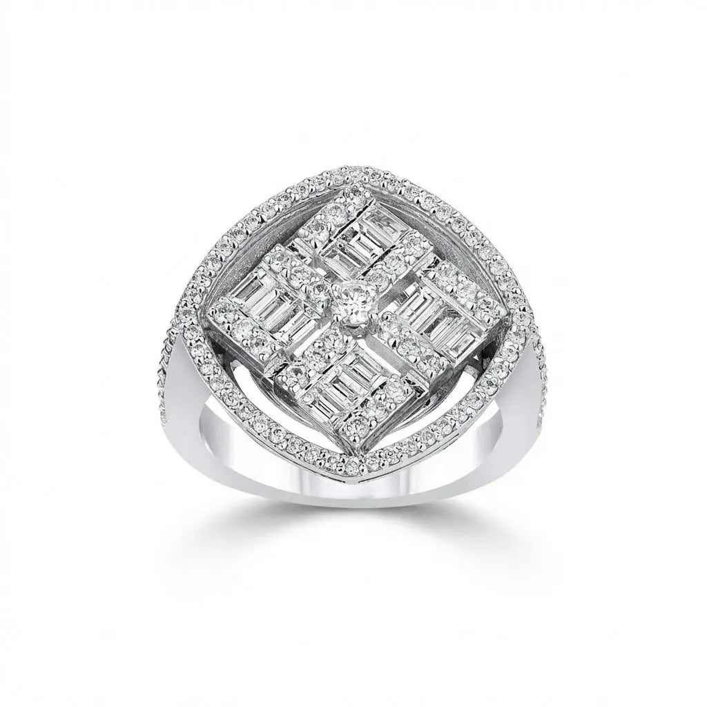14ct/14K White Gold Natural Diamond Ring – Square Halo Cluster 1.28ct