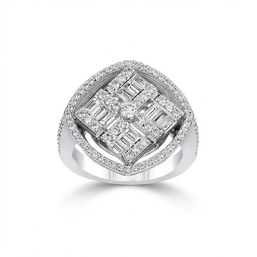 14ct/14K White Gold Natural Diamond Ring – Square Halo Cluster 1.28ct