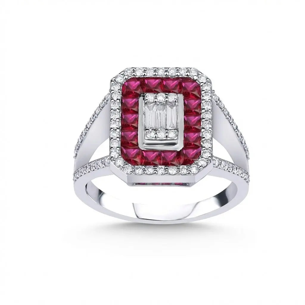 14ct/14K White Gold Natural Ruby & Diamond Ring – Ruby Halo Diamond with Baguette Center 1.47ct