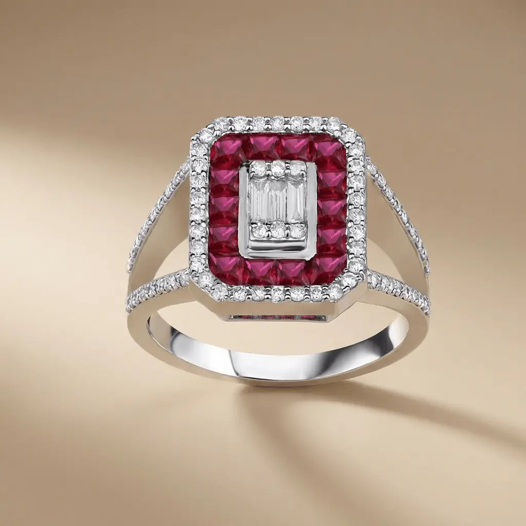 14ct/14K White Gold Natural Ruby & Diamond Ring – Ruby Halo Diamond with Baguette Center 1.47ct