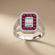 14ct/14K White Gold Natural Ruby & Diamond Ring – Ruby Halo Diamond with Baguette Center 1.47ct