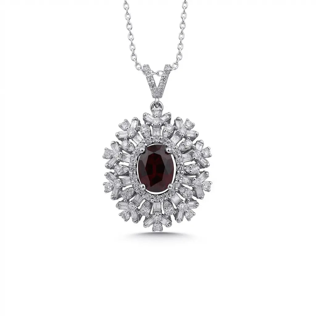 14ct/14K White Gold Ruby & Diamond Necklace – Ruby Sunburst Diamond 2.68ct