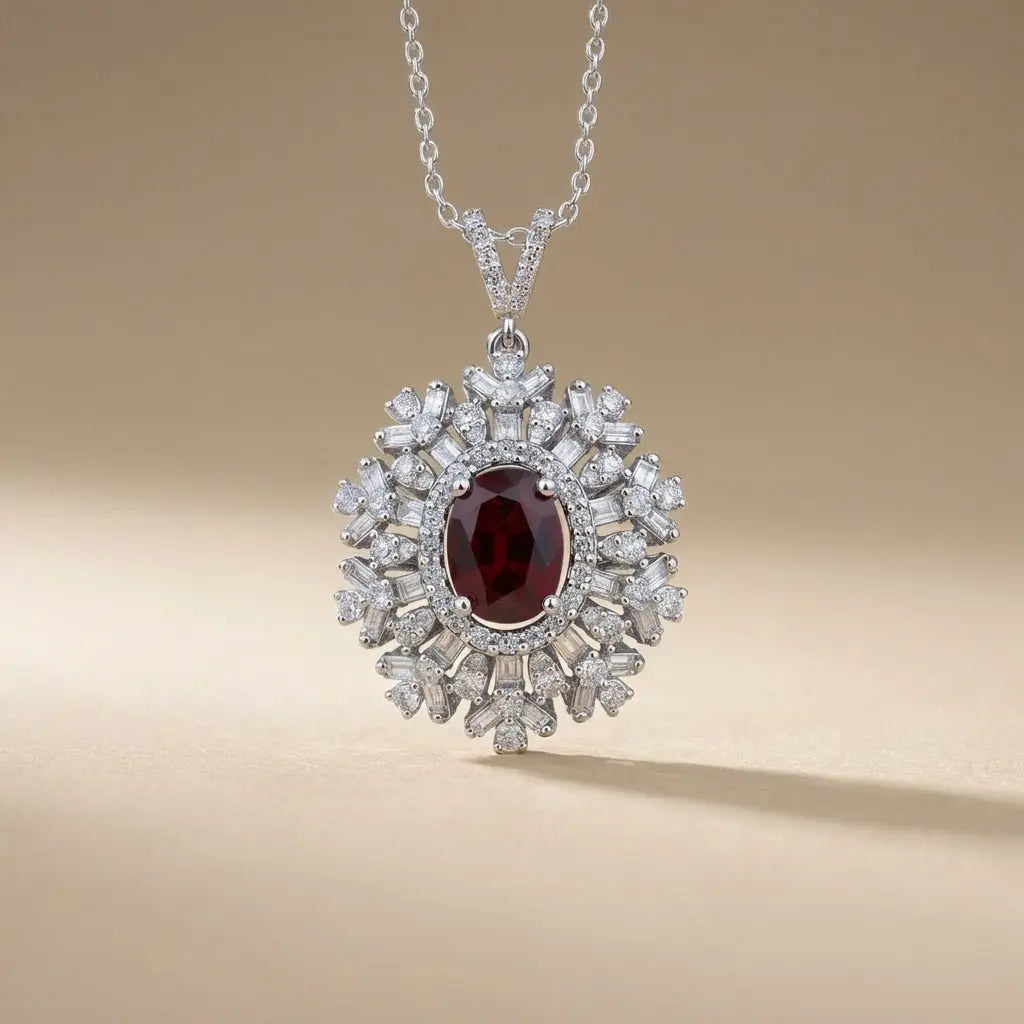 14ct/14K White Gold Ruby & Diamond Necklace – Ruby Sunburst Diamond 2.68ct