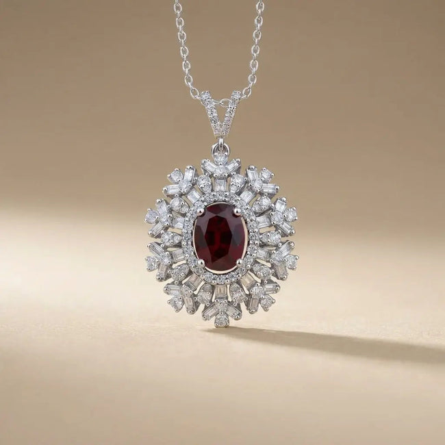 14ct/14K White Gold Ruby & Diamond Necklace – Ruby Sunburst Diamond 2.68ct