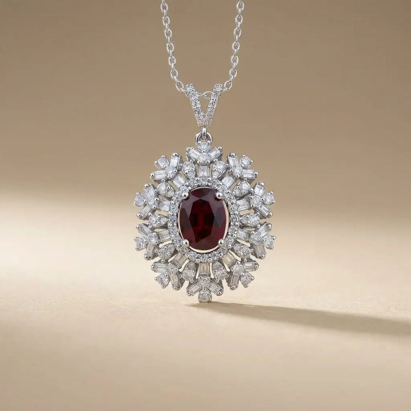 14ct/14K White Gold Ruby & Diamond Necklace – Ruby Sunburst Diamond 2.68ct
