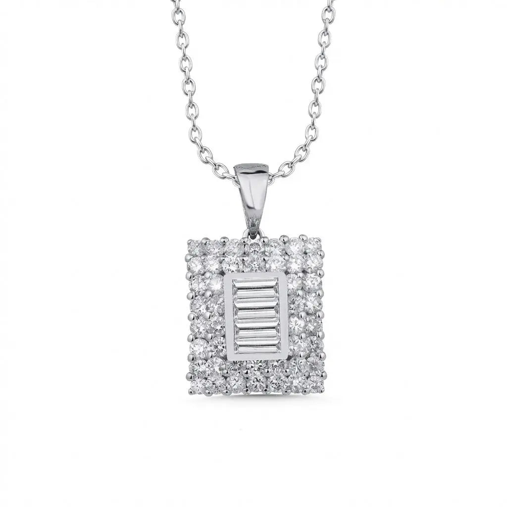 14ct/14K White Gold Natural Diamond Pendant – Square Baguette Diamond Cluster 1.02ct