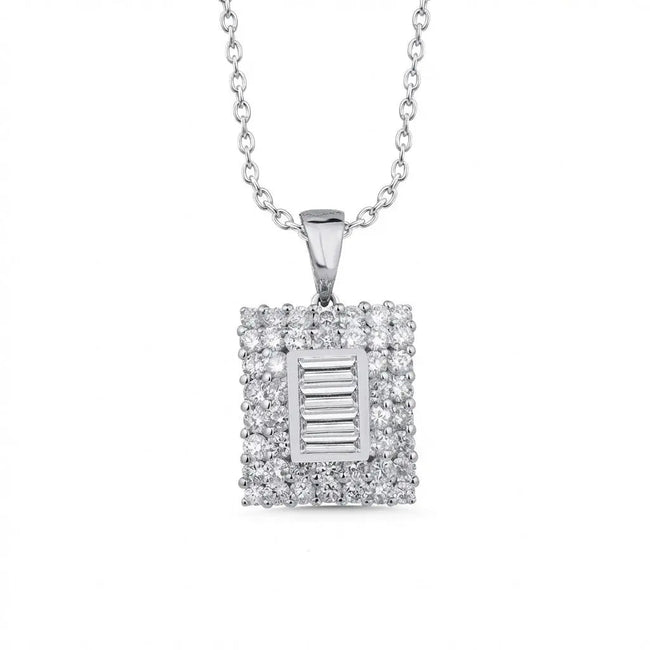 14ct/14K White Gold Natural Diamond Pendant – Square Baguette Diamond Cluster 1.02ct