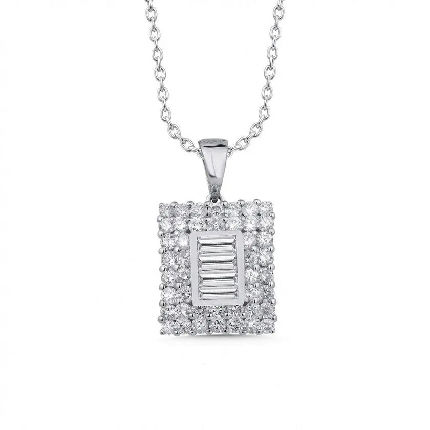 14ct/14K White Gold Natural Diamond Pendant – Square Baguette Diamond Cluster 1.02ct