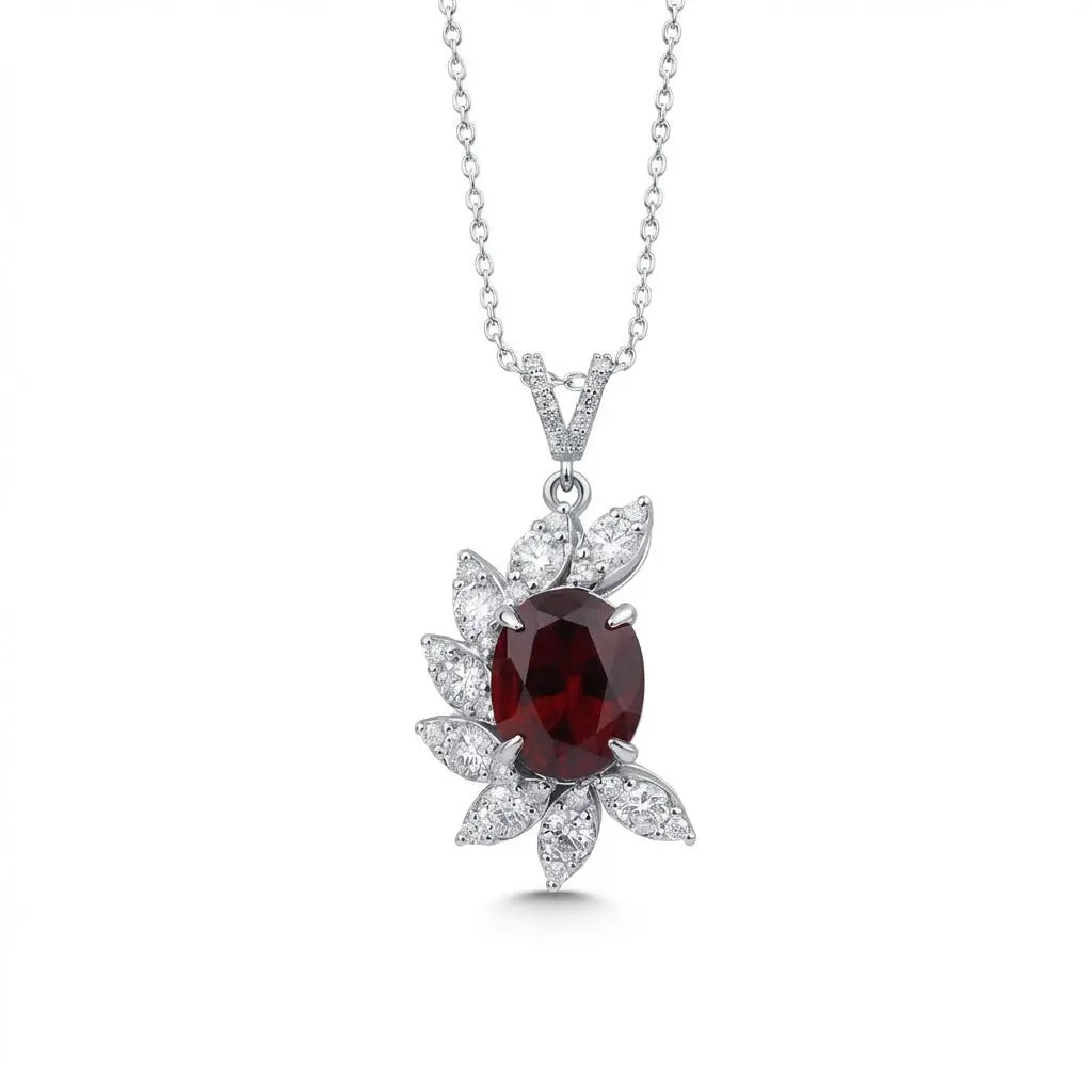 14ct/14K White Gold Ruby & Diamond Pendant – Oval Ruby Diamond Leaf 5.06ct