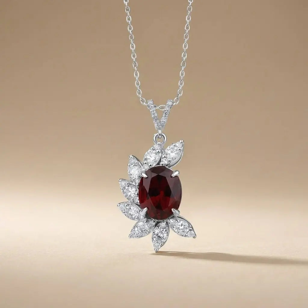14ct/14K White Gold Ruby & Diamond Pendant – Oval Ruby Diamond Leaf 5.06ct