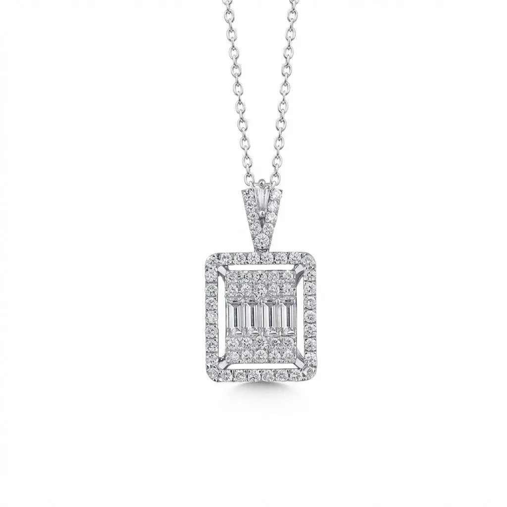14ct/14K White Gold Natural Diamond Pendant – Square Baguette Diamond Halo 1.08ct