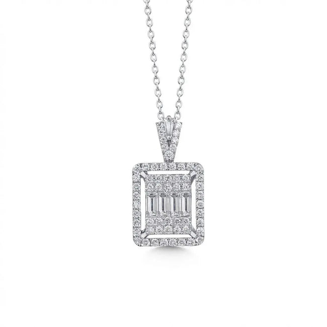 14ct/14K White Gold Natural Diamond Pendant – Square Baguette Diamond Halo 1.08ct