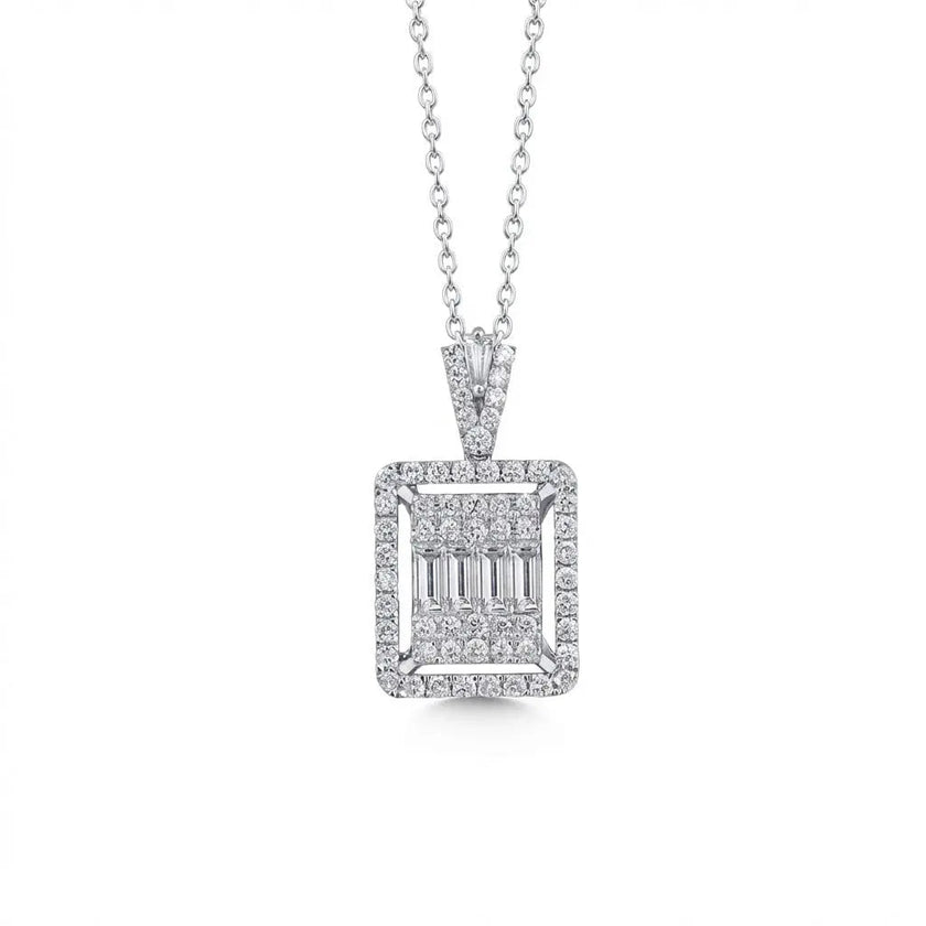14ct/14K White Gold Natural Diamond Pendant – Square Baguette Diamond Halo 1.08ct