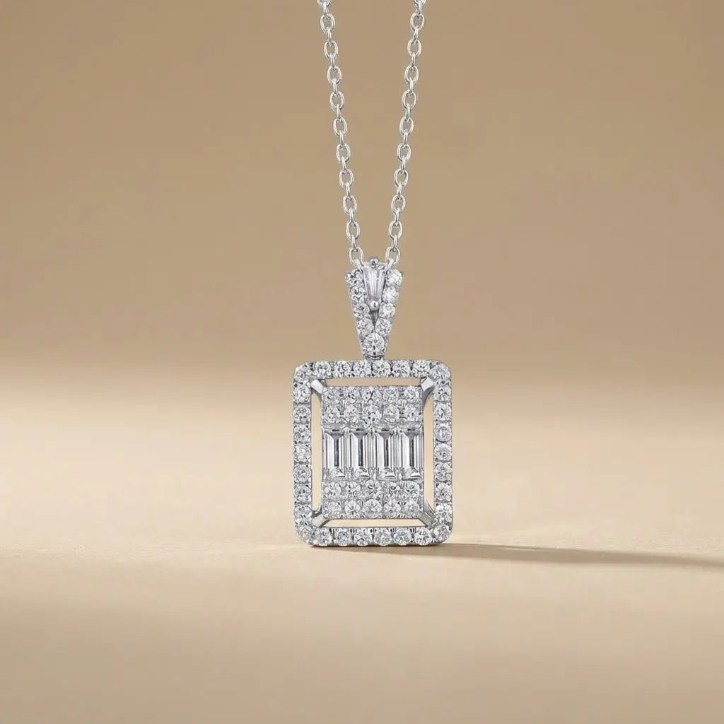 14ct/14K White Gold Natural Diamond Pendant – Square Baguette Diamond Halo 1.08ct