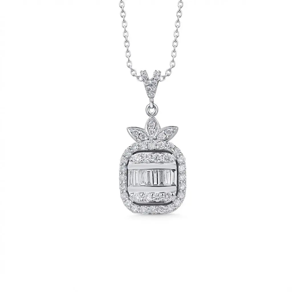 14ct/14K White Gold Natural Diamond Pendant – Baguette Round Diamond Halo 0.74ct