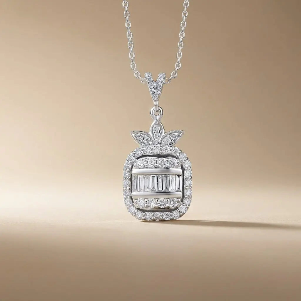 14ct/14K White Gold Natural Diamond Pendant – Baguette Round Diamond Halo 0.74ct