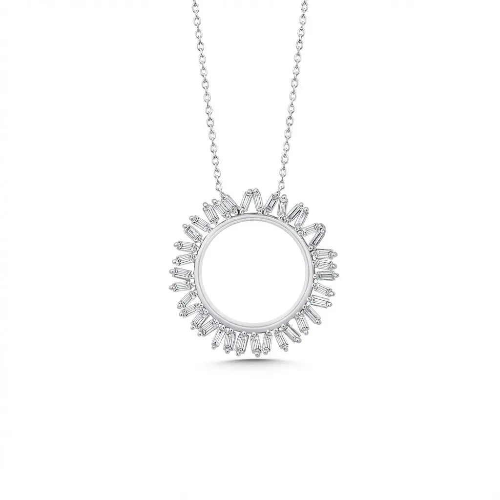 14ct/14K White Gold Natural Diamond Pendant – Circular Baguette Diamond Sunburst 0.45ct