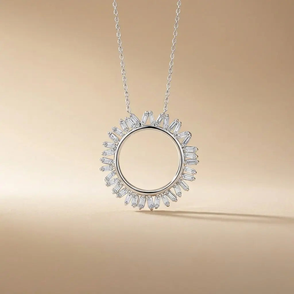 14ct/14K White Gold Natural Diamond Pendant – Circular Baguette Diamond Sunburst 0.45ct
