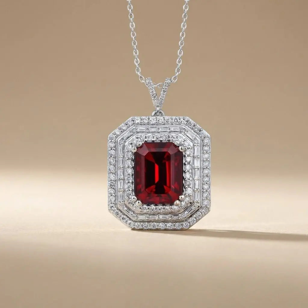 14ct/14K White Gold Ruby & Diamond Pendant – Emerald Cut Ruby Diamond Halo 1.12ct