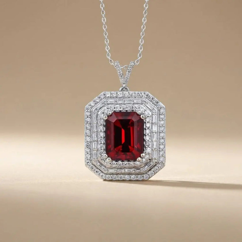 14ct/14K White Gold Ruby & Diamond Pendant – Emerald Cut Ruby Diamond Halo 1.12ct