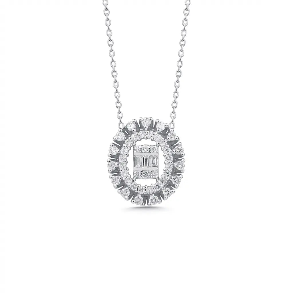 14ct/14K White Gold Natural Diamond Pendant – Oval Halo Diamond with Baguette Center 0.37ct