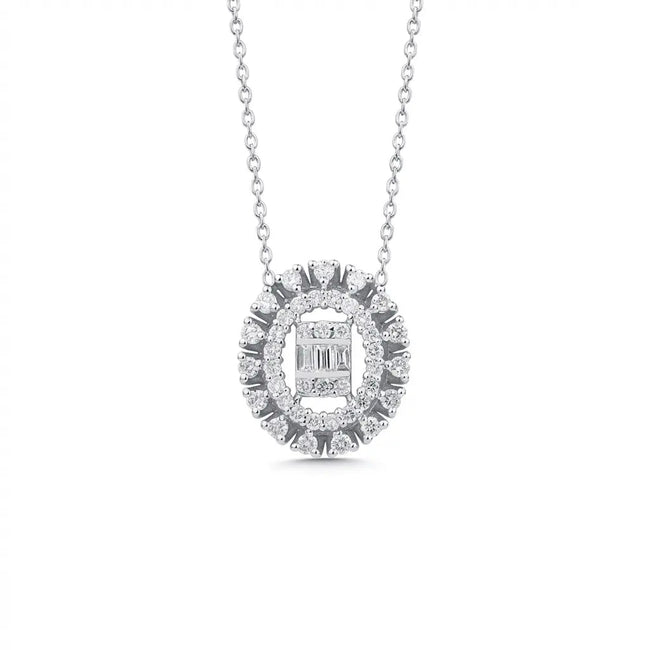 14ct/14K White Gold Natural Diamond Pendant – Oval Halo Diamond with Baguette Center 0.37ct