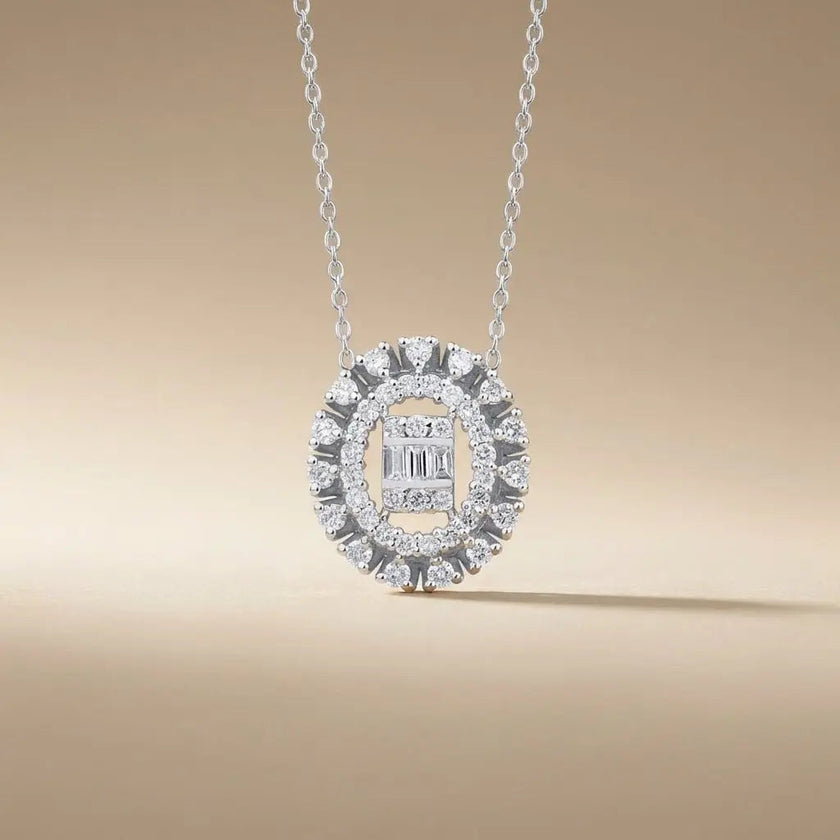 14ct/14K White Gold Natural Diamond Pendant – Oval Halo Diamond with Baguette Center 0.37ct