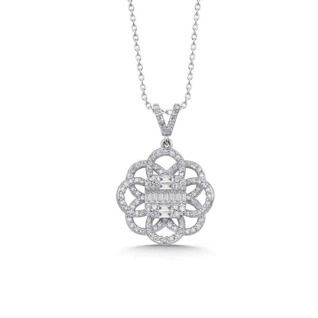 14ct/14K White Gold Natural Diamond Pendant – Floral Diamond with Baguette Center 0.61ct