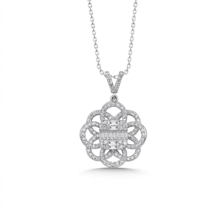 14ct/14K White Gold Natural Diamond Pendant – Floral Diamond with Baguette Center 0.61ct