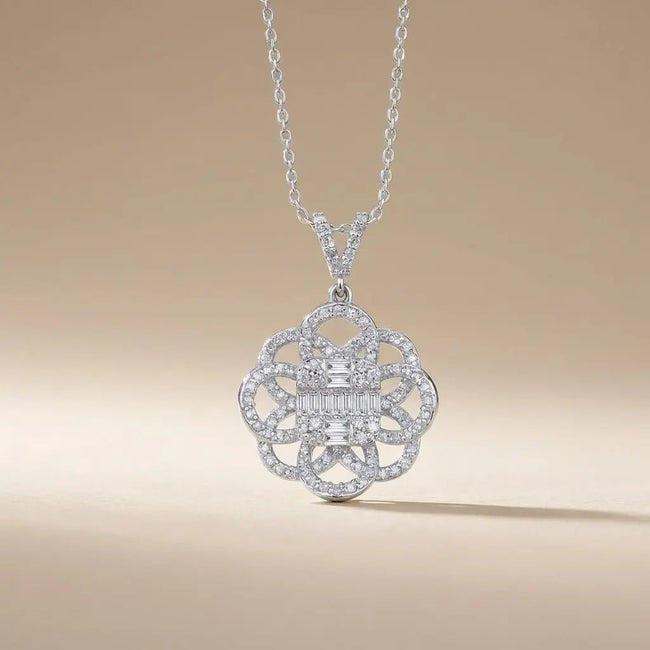 14ct/14K White Gold Natural Diamond Pendant – Floral Diamond with Baguette Center 0.61ct