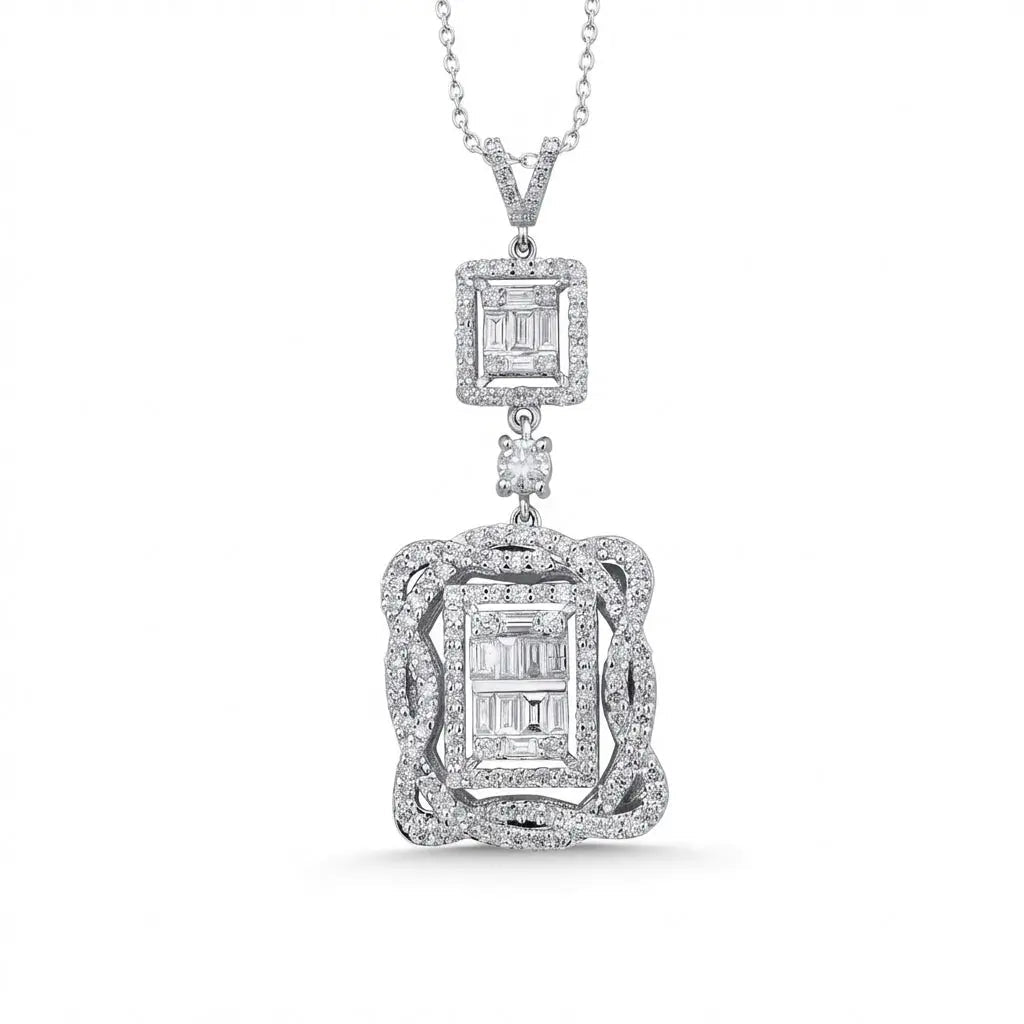 14ct/14K White Gold Natural Diamond Pendant – Double Halo Baguette Diamond Statement 1.44ct
