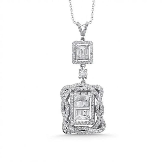 14ct/14K White Gold Natural Diamond Pendant – Double Halo Baguette Diamond Statement 1.44ct