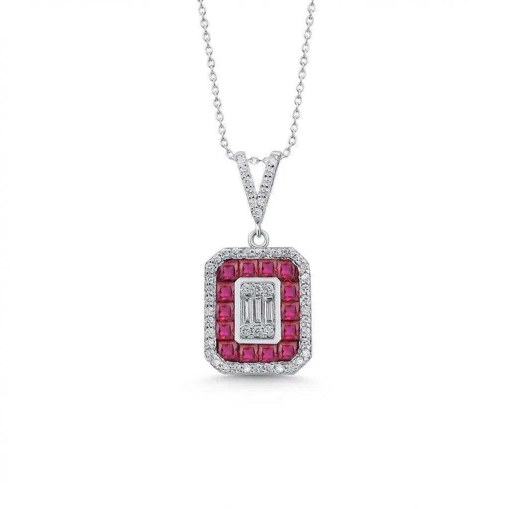 14ct/14K White Gold Ruby & Diamond Pendant – Ruby Halo Diamond with Baguette Center 0.52ct