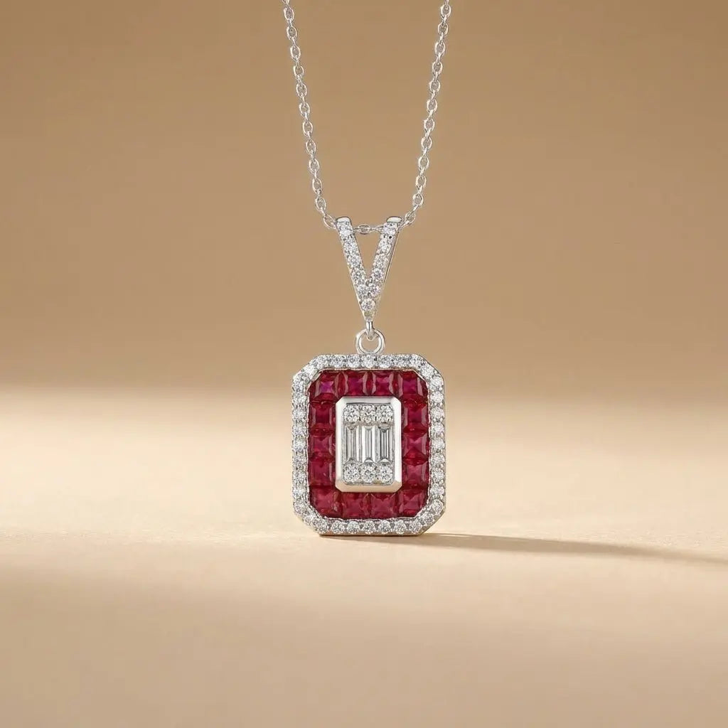 14ct/14K White Gold Ruby & Diamond Pendant – Ruby Halo Diamond with Baguette Center 0.52ct
