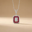 14ct/14K White Gold Ruby & Diamond Pendant – Ruby Halo Diamond with Baguette Center 0.52ct