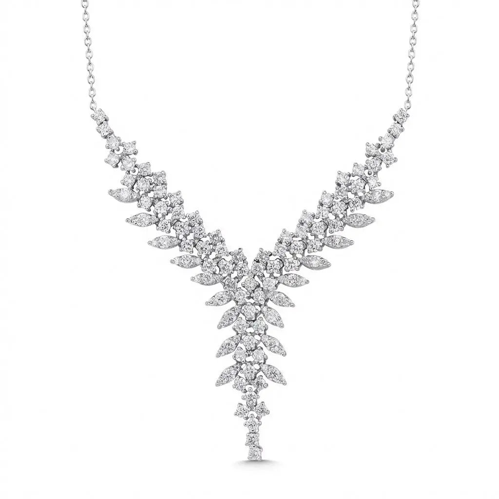 14ct/14K White Gold Natural Diamond Necklace – V Shape Diamond Statement 3.02ct