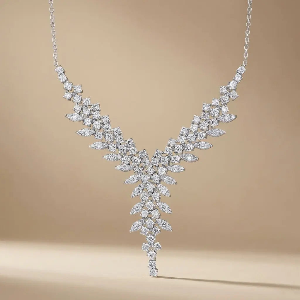 14ct/14K White Gold Natural Diamond Necklace – V Shape Diamond Statement 3.02ct