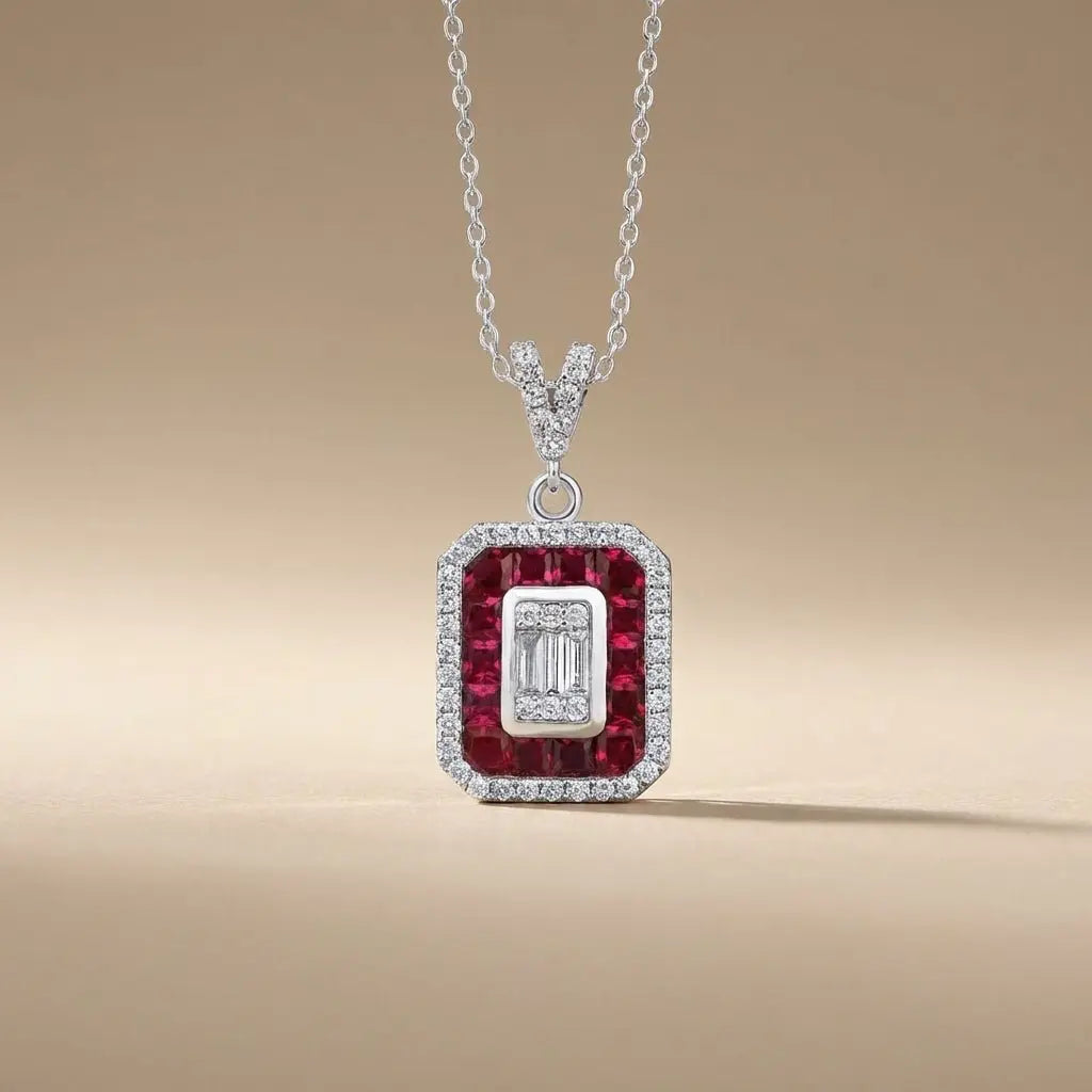 14ct/14K White Gold Ruby & Diamond Pendant – Ruby Halo Baguette Diamond 0.31ct