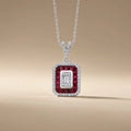14ct/14K White Gold Ruby & Diamond Pendant – Ruby Halo Baguette Diamond 0.31ct